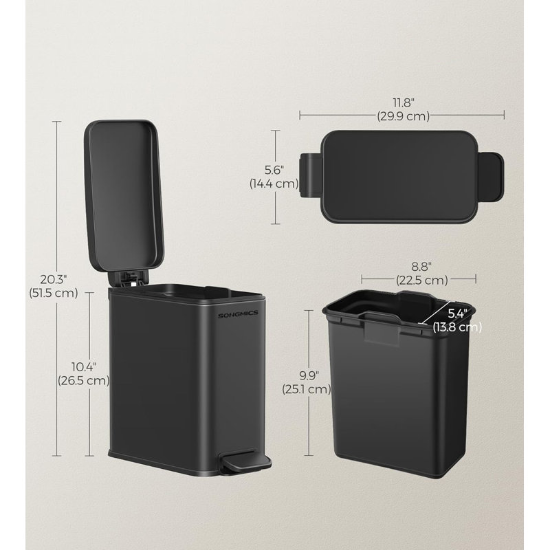 Slim Black Stainless Steel Rectangular Trash Can with Pedal