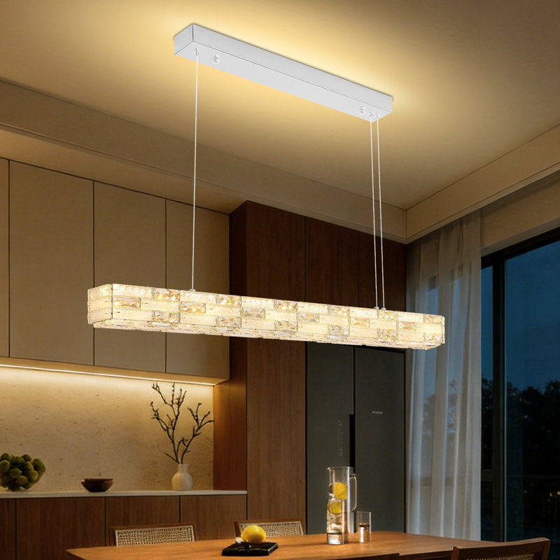 32inch Rectangle Chrome K9 Crystal Chandelier Modern Linear Pendant Lighting Fixture For Dining Room Kitchen Island