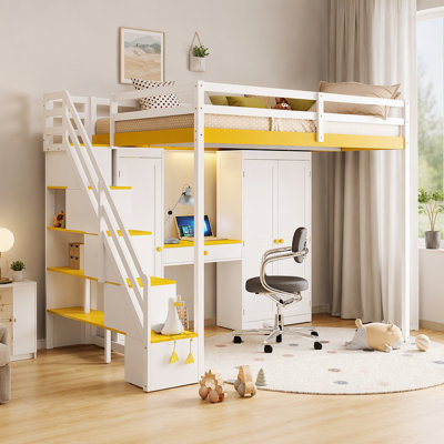 Lit mezzanine double avec escalier de rangement, coiffeuse intégrée avec miroir et tiroir, armoire et placards, ports de chargement USB et éclairage, blanc et jaune