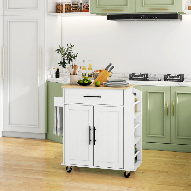 White Microwave Stand With Electrical And Flexible Storage, Rolling Kitchen Island Ac Outlets, Ports, Drawer, Cabinet Adjustable Shelf Mobile Storage Connections - White, Cabinet, Towel Rack, Spice