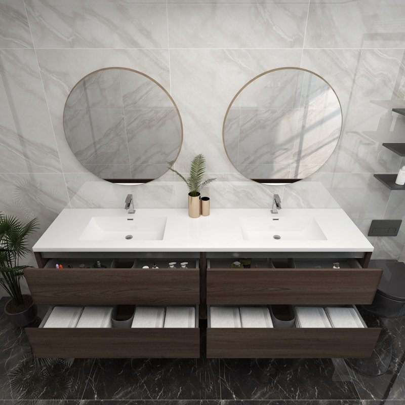 84" Wall-Mounted Double Sink Bathroom Vanity Set, Red Oak