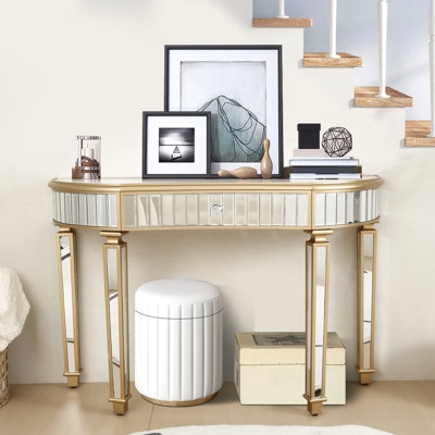 47" Half Moon Mirrored Console Table With Fluted Glass Drawer, Silver And Gold, Entryway Or Bedroom