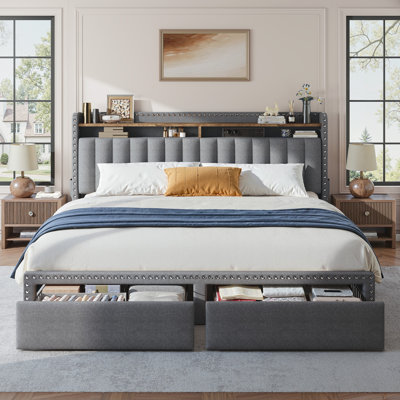 Francille Upholstered Bed Frame with 2 Drawers, 2-Tier Storage Headboard with Side Pockets