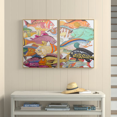  Wall Art – Acrylic Painting Set of Two Fish, Gold Framed Handpainted Canvas