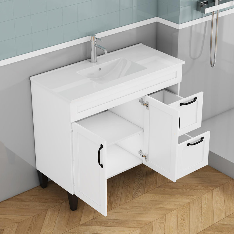 Meuble-lavabo autoportant de 39,8 po avec lavabo en céramique, 2 portes à fermeture douce et 2 tiroirs