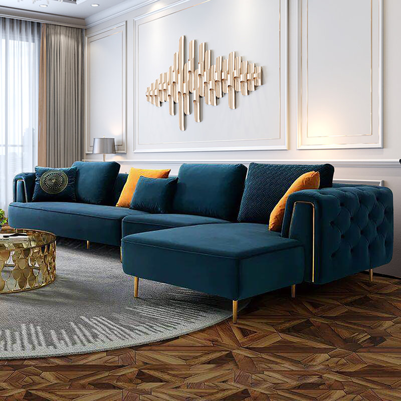 Stoltenberg 141" Wide Velvet Sofa & Chaise, Right Hand Facing, Blue Velvet