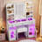 43.2"W Glasstop Tata With Stool, LED Mirror And Adjustable Lights & Power Strip,RGB Glass Light Cabinets, 3 Drawers ,Storage Shelves For Women Girls-1737253239