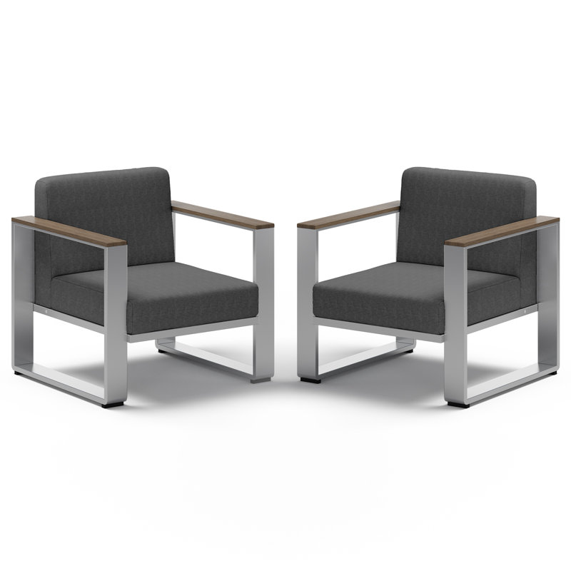 Ensemble de 2 fauteuils d'extérieur en aluminium pour patio, Gris foncé, Noyer / Argent