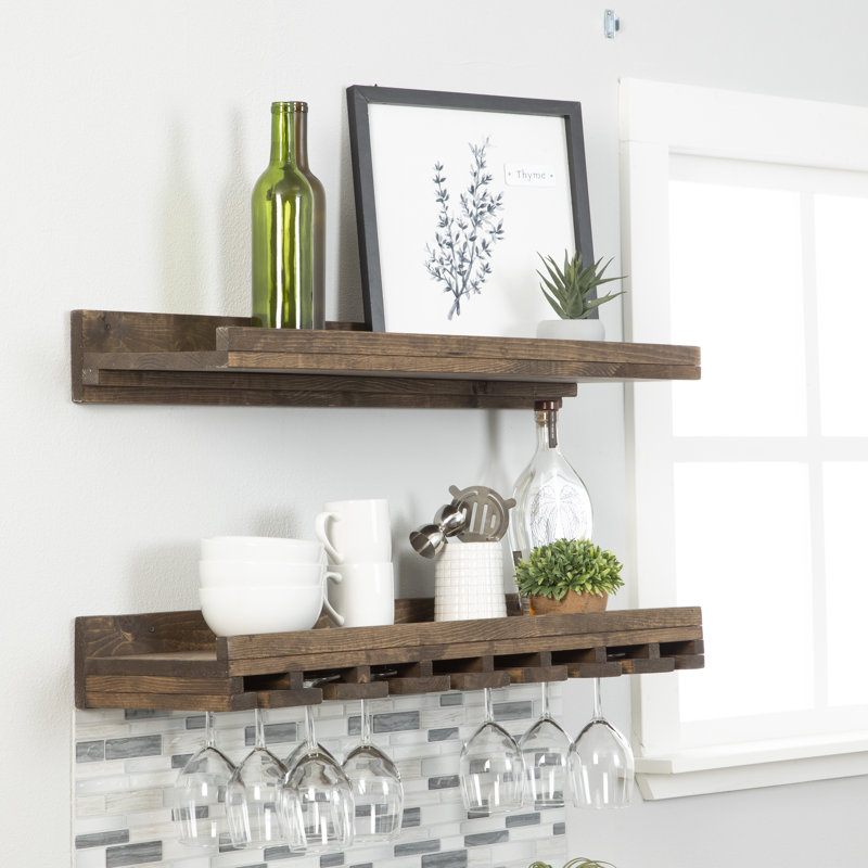 Support mural pour verres à vin en bois massif Charla, Noyer foncé, H 4,25 po x l 36 po x P 10 po