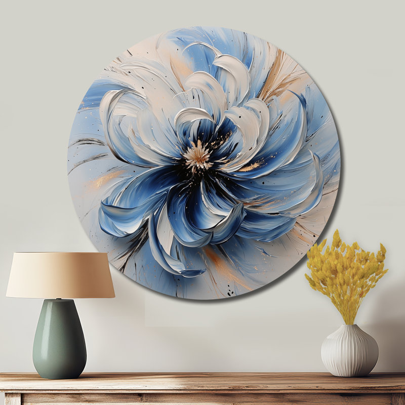 «White Velvet», «Chrysanthemums Ink River II», impression métallique ronde sur fond blanc, H 36 po x l 36 po