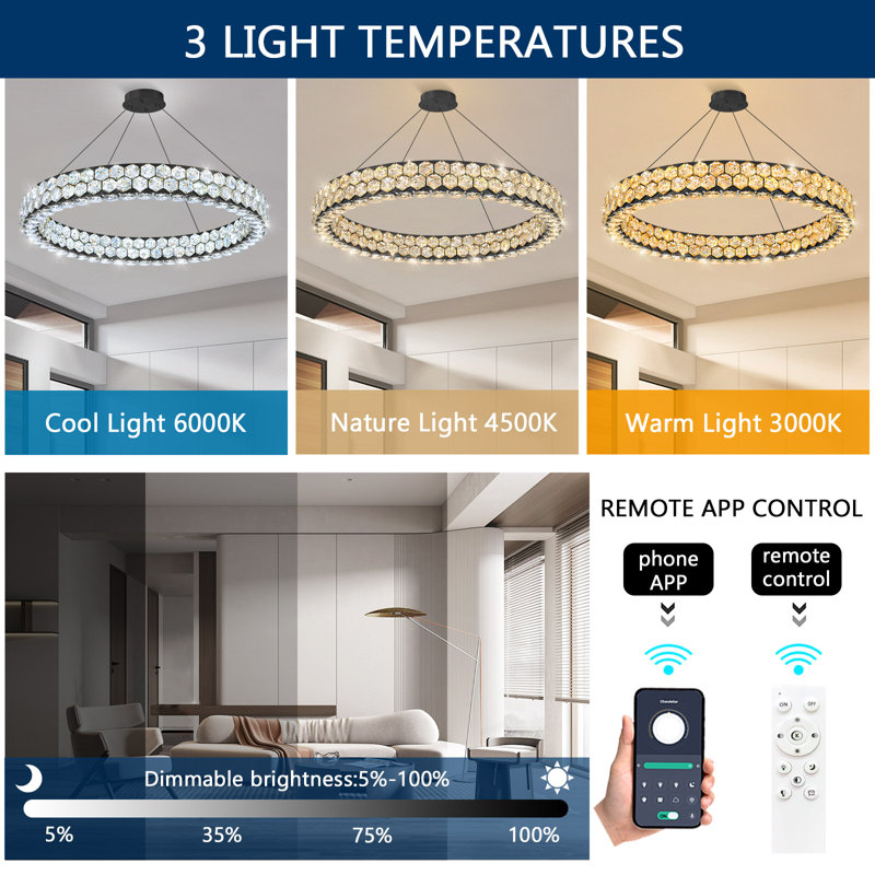 Lustre en cristal Modern, 5520 lumens, H 118 po x l 31,5 po x P 31,5 po, 69 W