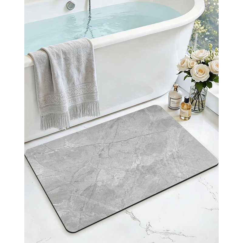 Bath Mat 16x24, Non Slip Quick Dry Rugs, Super Absorbent Ultra Thin Marble Bathmat, Washable Rubber Mats for Shower Floor, in Front of Bathtub, Sink, Bathroom Accessories Decor, Light Grey