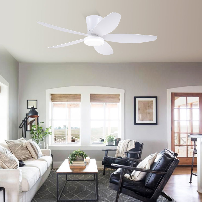Flush Mount Ceiling Fan With Light And Remote, 48" Wide, White with White Blades