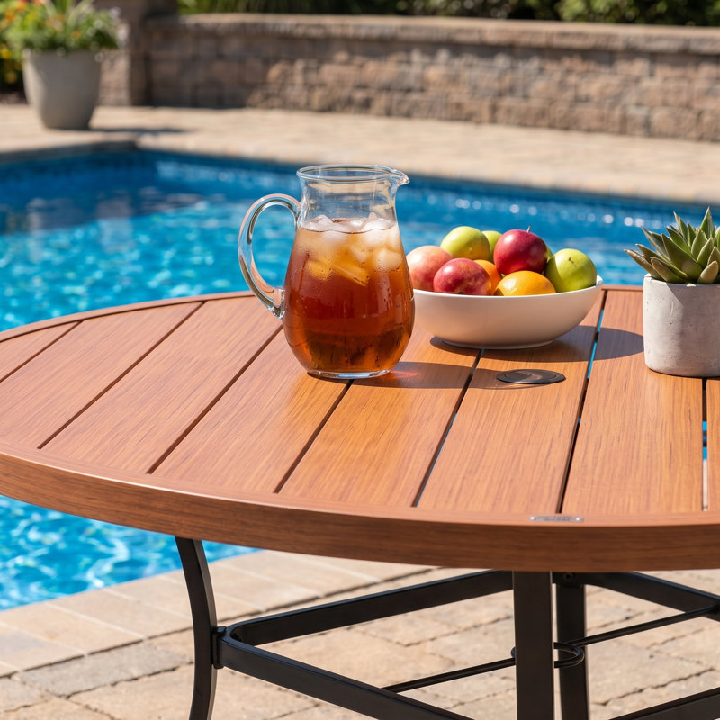 53" Patio Roud Metal Dining Table, Brush Wood Brown