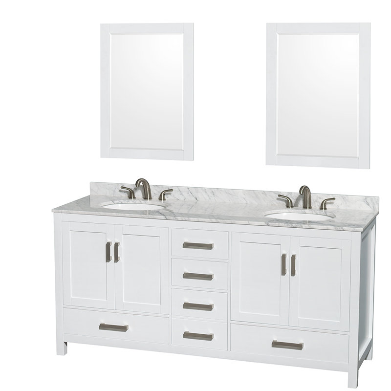 Sheffield 72" Freestanding Double Bathroom Vanity with Marble Top with 24" Mirrors, White