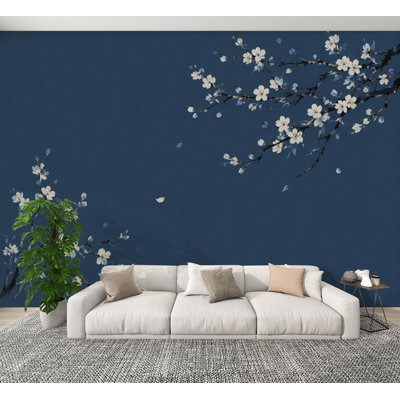 Peel and Stick Wallpaper Cherry Blossom Branches Deep Blue Minimalist Japanese Style Wall Murals 100"H x 144"W Removable PVC Wall Paper Self-Adhesive Wall Decor for Bedroom Home Office