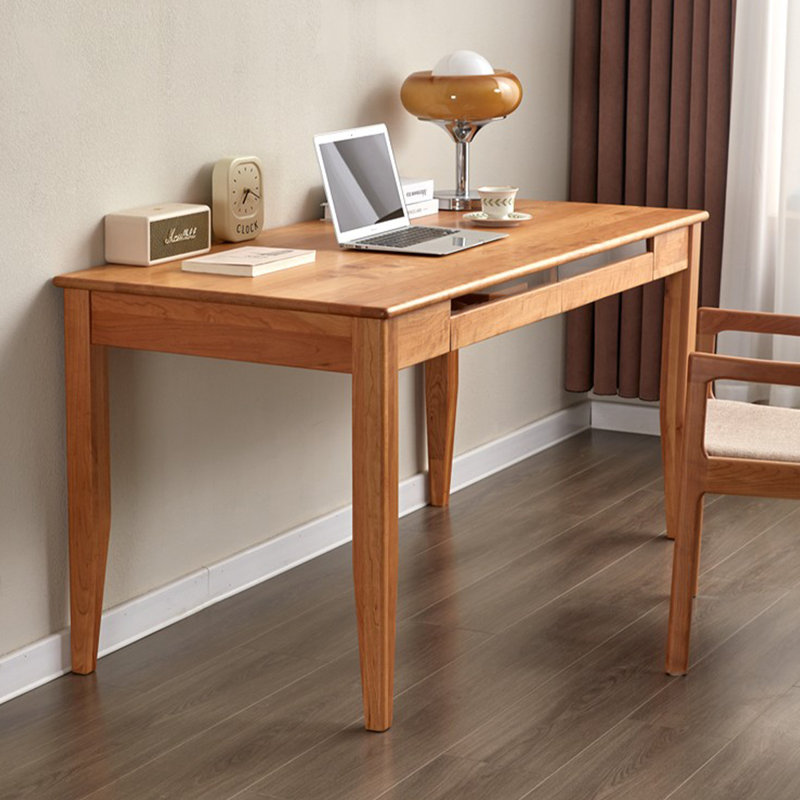 Bureau rectangulaire en bois massif de couleur cerisier + verre avec 2 tiroirs, H 29,53 po x l 62,99 po x P 23,62 po