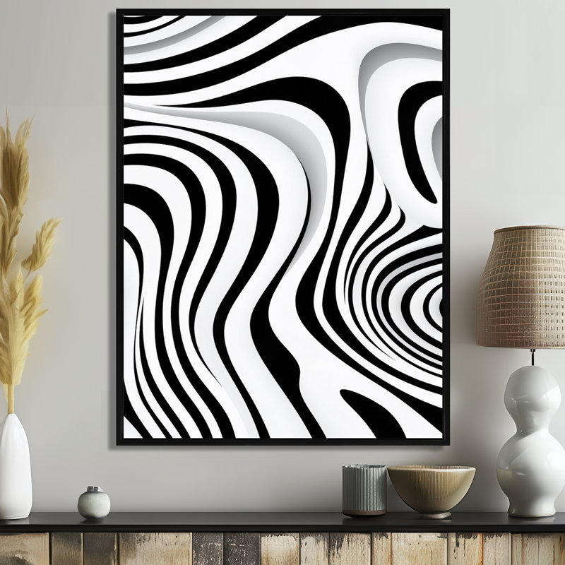 Impression d'empreintes digitales, Labyrinthe monochrome - Vagues, Cadre flottant noir, H 20 po x l 12 po