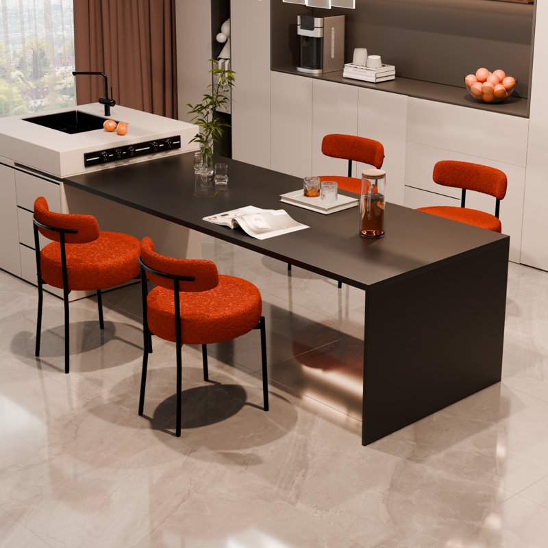 Boucle Dining Chairs Set of 4, Upholstered Dining Chairs with Black Metal Legs, Modern Dining Chair, Orange