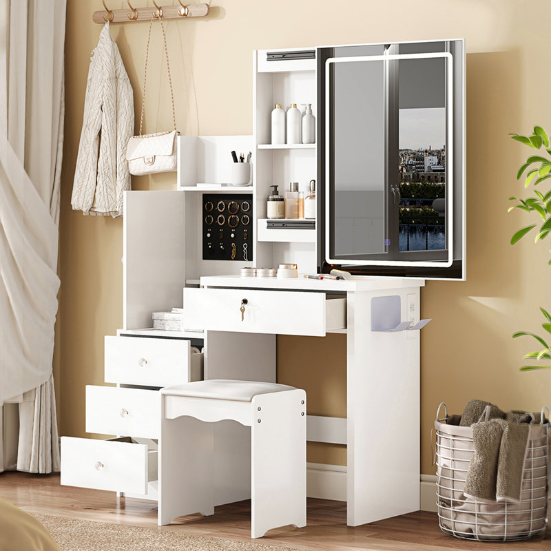 White Vanity Desk With Sliding Mirror, 4 Drawers, 9 Storage Areas, Hidden Compartments And Comfortable Stool. Led Mirror Three Color Temperatures Stepless Dimming. Integrated Power Hub 2 Ac Outlets,