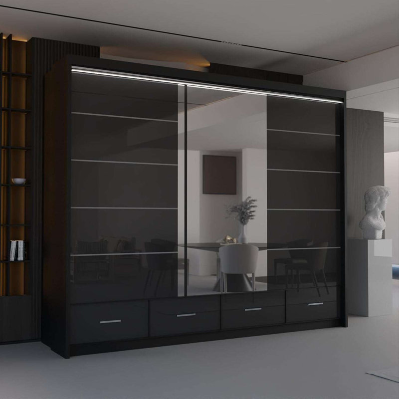 Bahos 3 Door Manufactured Wood Wardrobe, Black, 220cm H x 255cm W x 66cm D
