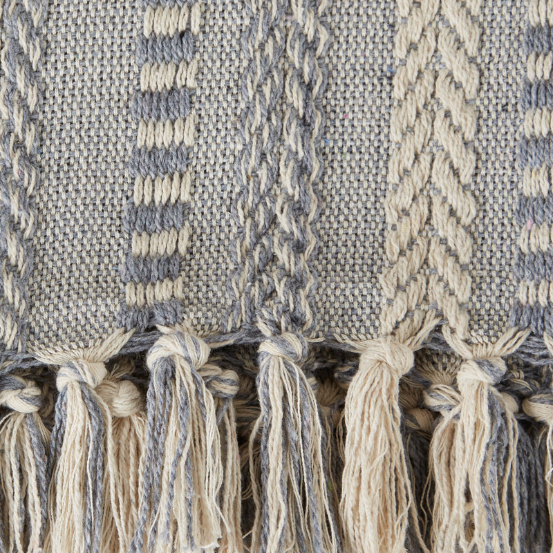 French Blue Cotton Braided Stripe Throw Blanket with Fringe