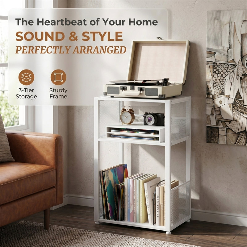 3-Tier Record Rack with Storage, Holds Over 100 Records, Iron Frame, Versatile Side Table Design, Adjustable Legs, Mid-Century Modern Style, White