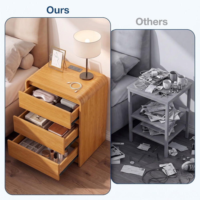 Table de chevet moderne incurvée à 3 tiroirs avec tablette ouverte et gestion des câbles – Table de chevet à bords arrondis en bois veiné pour chambre à coucher, finition chêne (23,62 po L, paquet de 2)