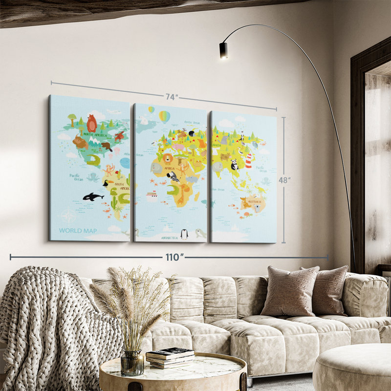 "Carte du monde des animaux" sur toile, H 48 po x l 74 po x P 1,25 po