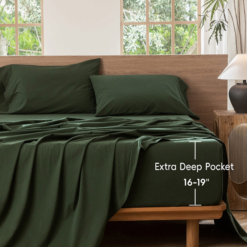 MooMee Fitted Sheet Only Extra Deep Pocket 100% Washed Cotton Linen Like Textured Lightweight Breathable, Forest Green, King