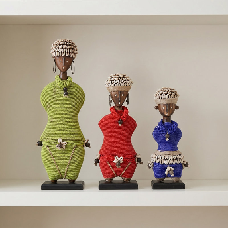 African Beaded Namji Doll, Tall 24 in, Silver, Cowrie