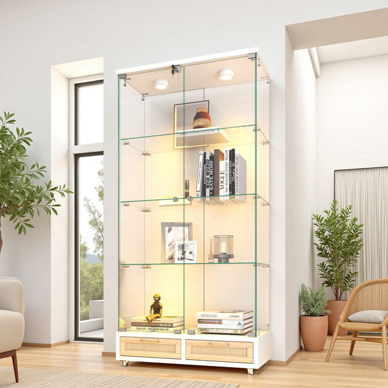 Vitrine en verre H 65,8 po Hollandale, bibliothèque avec DEL 13 couleurs et 2 tiroirs, Naturel / Blanc