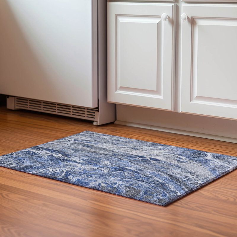 Premium Machine Washable Cerrito AMF602 Blue Round Rug, Rectangle 1'8" x 2'6"