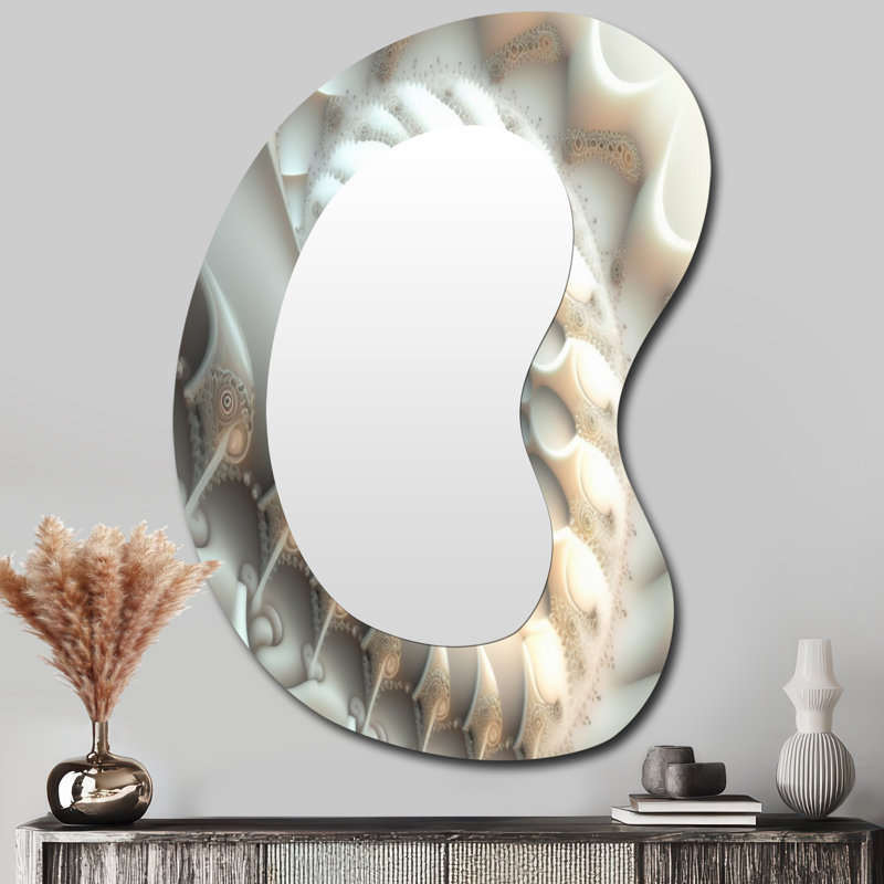 Gavriella White Fractal Spiralling III - Geometric Asymmetrical Mirror, White Freeform Unique Wall Mirror, Printed Metal Art