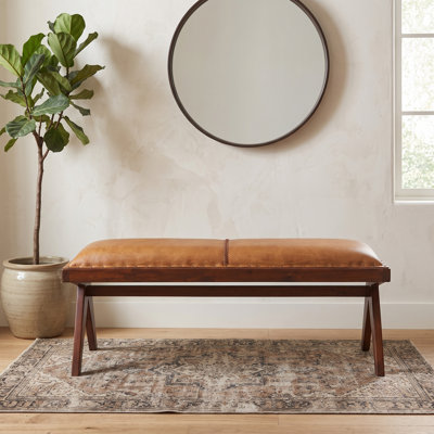 Hampton Timeless Full Grain Leather Bench with Nailhead Trim and Solid Wood Legs