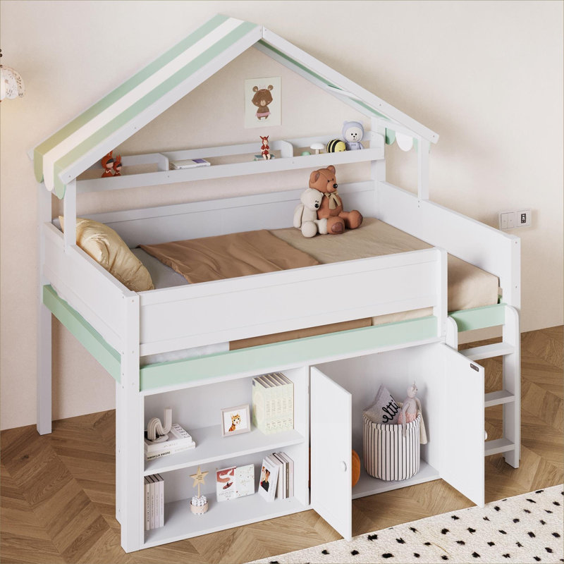 Storage-Equipped Full Size Loft Bed, Bedroom Solid Wood Bed Frame with Canopy Roof and Built-In Storage Cabinet, Classic White
