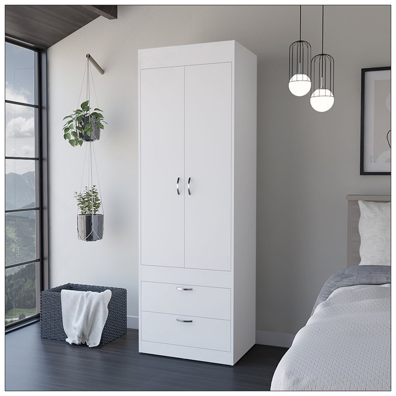 Armoire Tarento, deux tiroirs, finition blanche, Blanc