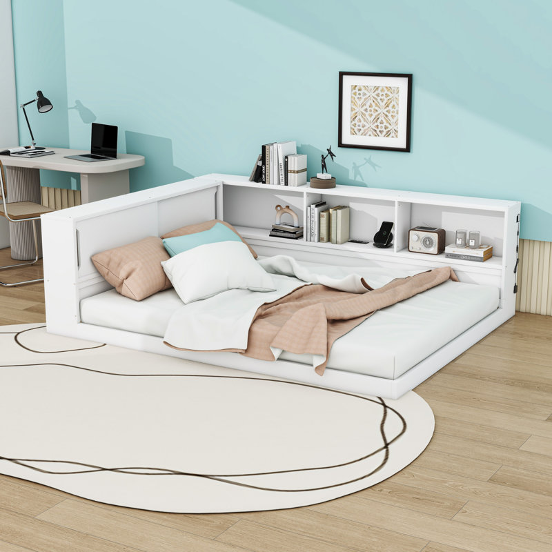 Daybed with 5 Storage Shelves, USB Charging Ports and LED Lighting, White