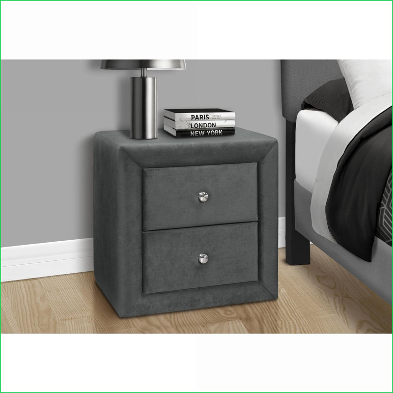 Table de chevet transitionnelle en velours gris avec 2 tiroirs - sans assemblage
