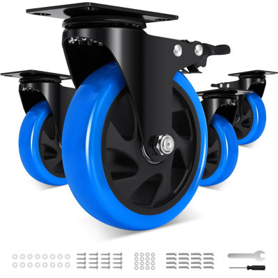 Set of 4 Heavy Duty 5 Inch Plate Casters with Double Brakes, 2200 Lbs Total Capacity Polyurethane Swivel Wheels for Carts Workbenches Furniture
