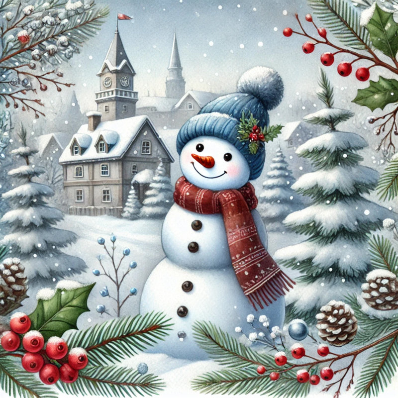 «Winter Village Snowman: A Joyful Snowy Day», art sur toile, H 20 po x l 20 po x P 1,5 po