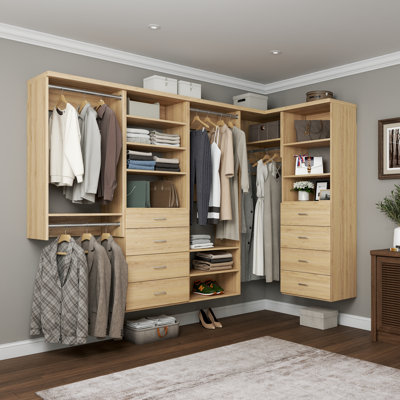 Natural Oak 143.5" Wall-Mounted L-Shape Closet System with 5 Sections, 4 Clothing Rods, 10 Shelves & 8 Slab Drawers