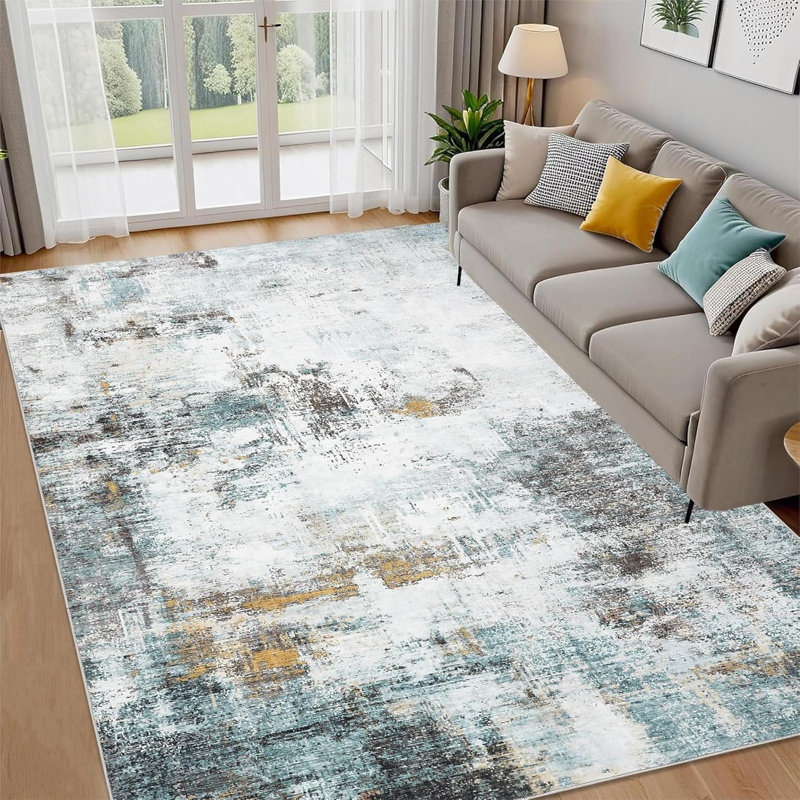 2x6 Washable Runner Rug Modern Abstract Non-Slip Stain-Resistant Indoor Carpet Hallway Low Pile Bedroom Laundry Entrance Blue