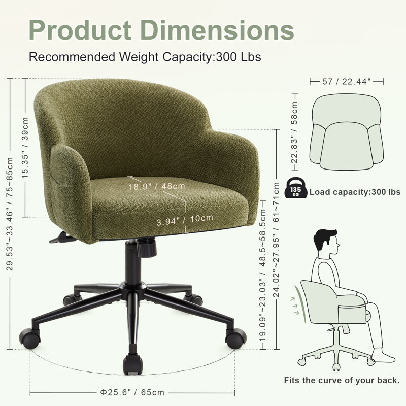 Vanity Chair With Wheels And Arms, Comfy Office Chairs For Women, Height Adjustable Ergonomic Swivel Chair For Bedroom, Living Room Makeup,chenille