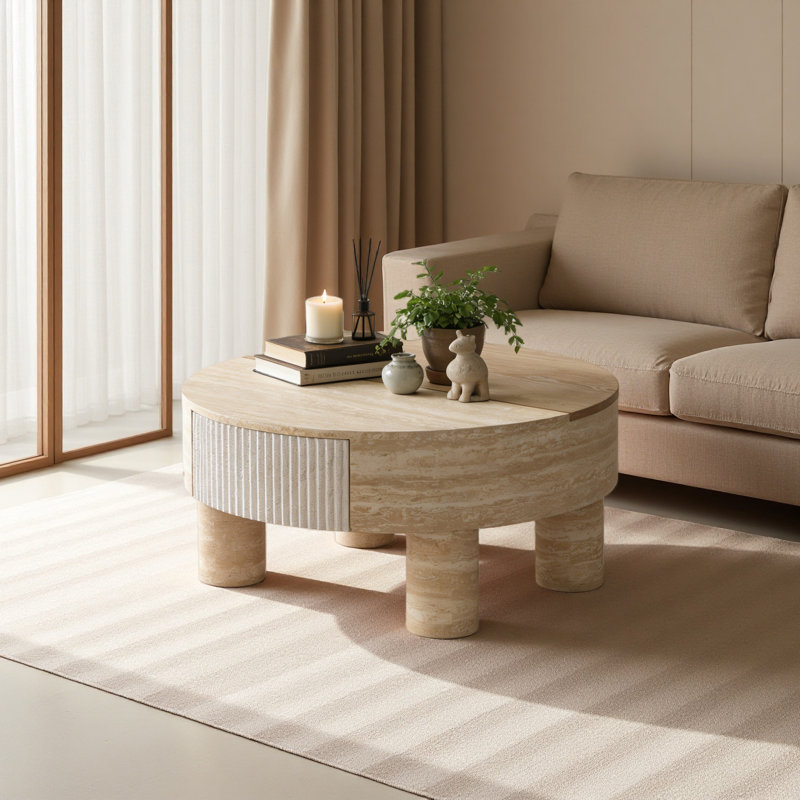 Table basse ronde avec plateau rabattable et compartiment de rangement caché