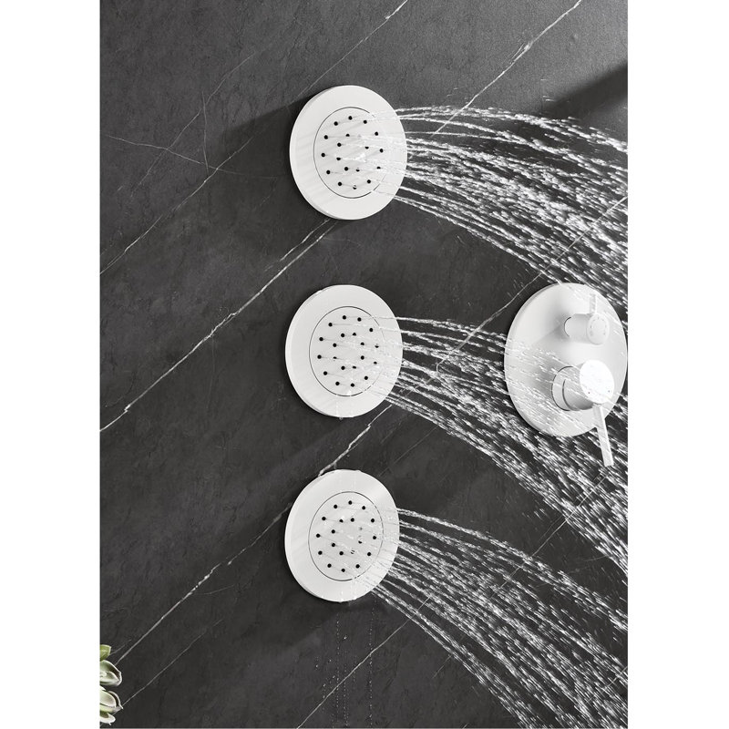 White Bathroom Shower With Innovative Design: Head, Hand Shower, Slide Bar, Bodysprays, Arm, Hose, Valve Trim, Lever Handles Gear Bodysprays - White, Brass