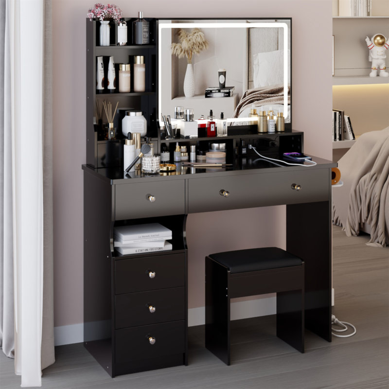 41" Large Size Left Drawer Desktop Vanity Table+Cushioned Stool Dresser Set, 2 AC+2 USB Power Station, Hair Dryer Stand, Extra Large Touch Control LED Mirror, 3-Color Switch, EPA, GCC, UL Certificate