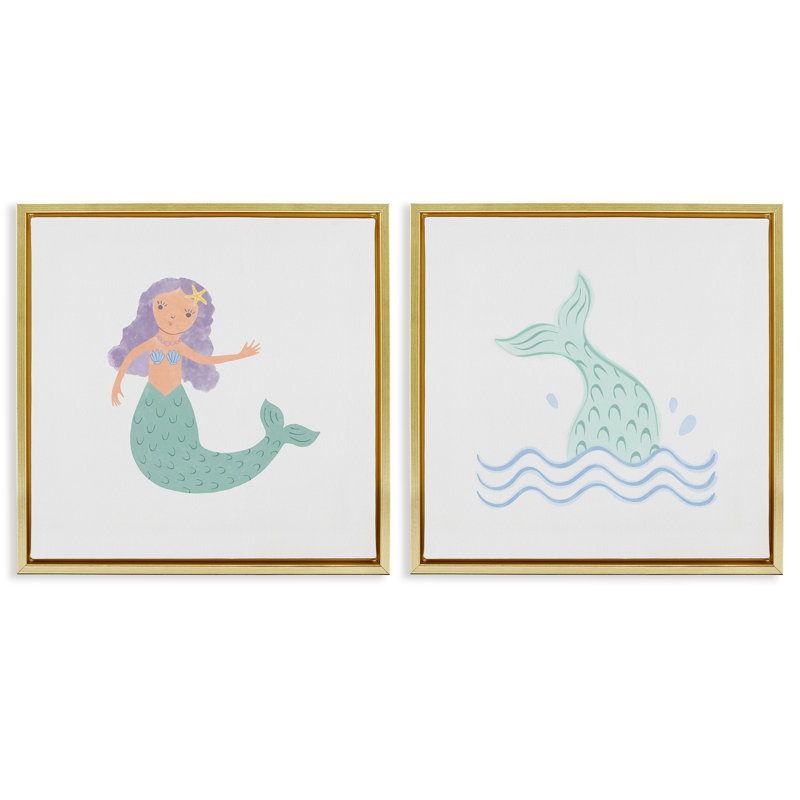 Ocean Mermaid Splash  2 PC Framed Floater Canvas Set by Carrie Cantwell, Metallic Gold Floater Frame, 25" H x 25" W