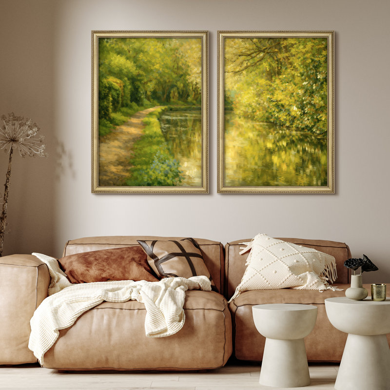 Sunlit Forest Path avec eau réfléchissante et verdure luxuriante pour salon, art mural encadré 26 po x 36 po, ensemble de 2