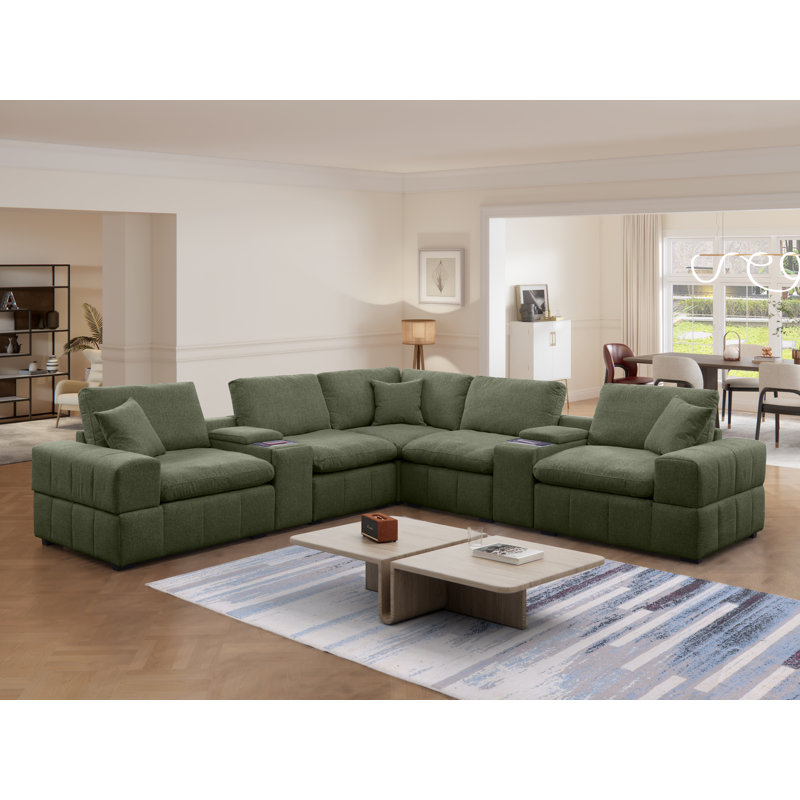 Canapé modulaire rembourré en chenille 7 pièces avec deux console centrale, chargement et rangement sans fil et porte-gobelets